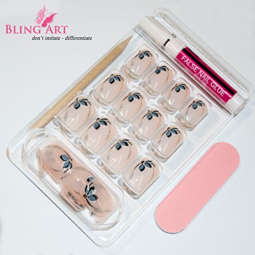 Bling Art False Nails Französisch Maniküre schwarz Weiß Blume 24 Mittel Tipps UK - 2