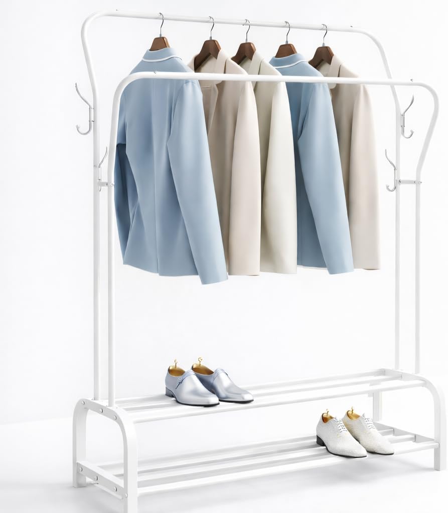T-LOVENDO.ES Perchero Burro Doble Ropa Metálico Negro con Zapatero Inferior | Estante con Estructura Curva | Barra Colgador Resistente | Dormitorio Vestidor Entrada Organizador de Ropa y Zapatos