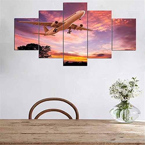 Include frame 5 Pieces Prints Art Airplane Flying with Sunset Clouds Canvas Paintings Decoration For Home Wall Decorative Poster ,Size 3