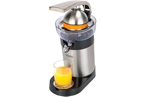 BOURGINI Exprimidor Eléctrico De Luxe. 130W, Filtro de pulpa, Cono de prensa Extraíble de acero inoxidable, Palanca de presión de metal, Sistema antigoteo, Apto para lavavajillas