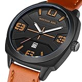 Vatertagsgeschenk Menton Ezil Herren Uhren Mode braun Lederband wasserdicht minimalistischen Analog Quarz Casual Dress Armbanduhr mit Kalenderdatum, schwarz