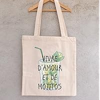 Tote Bag "Vivre d'Amour et de Mojitos" - sac shopping - sac coton - sac bandoulière - sac de filles - hiboux - chouettes