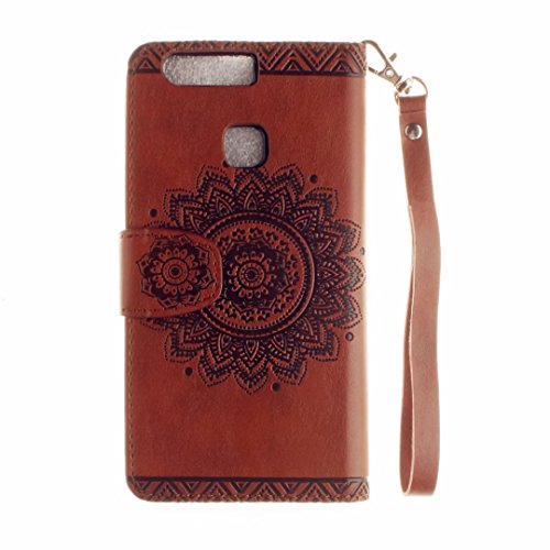 Huawei P9 Plus Hülle, MUTOUREN Schutzhülle für Huawei P9 Plus Handyhülle Brieftasche Gürtelhändytasche Bookstyle Wallet Flip Case Lederhülle mit Standfunktion Kartenfach Magnetic lock Ultra dünn Wallet Case Geprägtes Muster Henna Indische Sonne Mandala Rraun + Stylus Pen - 4