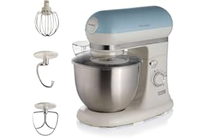 Ariete Pétrin Vintage 1588, Batteur Circulaire Pour Pain, Pizza, Gâteaux Et Pâtisseries, Hob, Fouet à Cœur Et Fouet à Fil Inclus, Capacité de 5,5 Litres, 7 Vitesses + Impulsion, 1200W, Bleu Clair