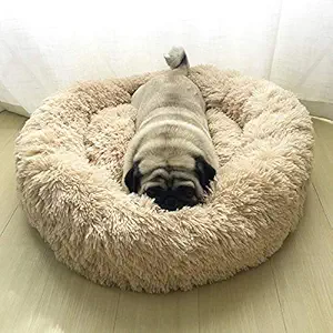 Fluffy Plush Round Dog Calming Bed Cushion Warm Cat Puppy Sleeping Mat Super Soft Furry Foldable Round Cat Warm Sleeping Bed Portable Soft Plush Pet Kennel Dog Pet Bed (Cream 77 cm for Medium Dog)