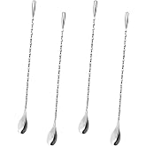 4 Pieces Mixing Spoon, Stainless Steel Cocktail Spoon | Spiral Bar Stirrer for Cocktails, Smoothies, Coffee, Juice, Tea