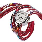 Minetom Damen Fashion Retro Quarzuhr Armreif Leder Armbanduhr Damenuhr Uhr ( Rot )