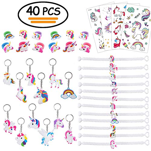 Vibury 40 Pack Licorne Porte-Clés (12 pièces) Licorne Bracelets en Caoutchouc (12 pièces) Licorne Anneau (12 pièces) Tatouages Temporaires (4 pièces) pour Enfants Filles Anniversaire Cadeau Jouets