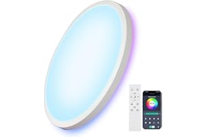Comely Plafonnier LED Rond 28cm, RGB + 3 Tons de Blanc, 24W IP44 avec Télécommande, Pour Salle de Bain/Cuisine