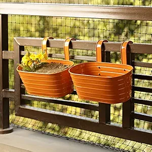 ExclusiveLane Glossy Orange Garden and Balcony Decorative Metal Hanging Railing and Table Flower Planter Pot (Set of 2)
