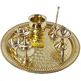 SHIV SHAKTI ARTS Handmade Pure Brass Pooja Thali Set 7 pcs(1 Pooja Thali , 1 Ghanti , 2 Roli Chawal Katori , 1 Deepak , 1 Kalash , 1 Agardaan) For Diwlai Laxmi Poojan and Navratri Poojan Purpose