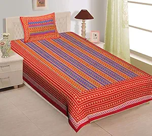 UNIBLISS 100% Cotton Comfort Rajasthani Jaipuri Traditional Single Bed Sheet with One Pillow Cover - (Red_099)