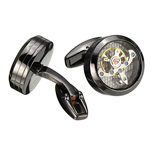 Baban Manschettenknöpfe Ein Paal Rund Cufflinks Vintage Steampunk Stil Double Lines auf der Seite Ideal Geschenk für Männer Gun-Black - 4