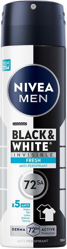 NIVEA MEN Erkek Sprey Deodorant Deodorant Black&White Invisible Fresh 150 ml,72 Saat Anti-Perspirant Ter ve Ter Kokusuna Karşı Koruma,Kıyafetlerde Leke Bırakmaz,Etil Alkol İçermez
