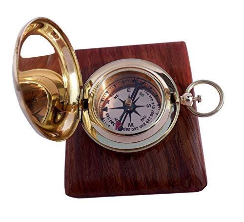 Handmade Brass Push Button Direction Compass POCKET COMPASS with Rose Wood