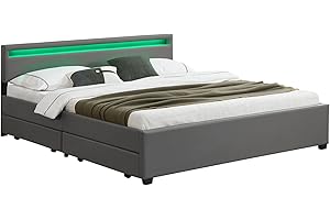 ‎JUSKYS Juskys Polsterbett Lyon 180x200 cm mit Bettkasten, LED Beleuchtung, Lattenrost & Kunstleder, grau, Bett Bettgestell Doppelbett Ehebett