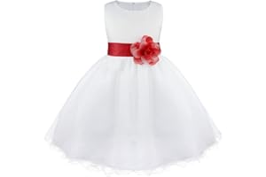 TiaoBug Robe Princesse Enfant Fille Organza Blanche Robe Soirée Demoiselle d'honneur Mariage Cérémonie Tutu Robe sans Manche avec Satin Ceinture 2-14 Ans