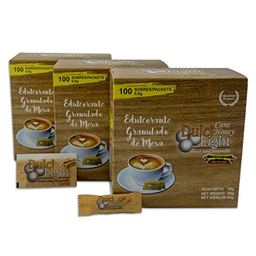 DULCILIGHT CAÑA Total 300 Sobres, EDULCORANTE con el Sabor Natural del Azúcar Moreno Granulado Gourmet, Pack de 3 Estuches x 100 C/U.