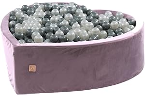 MISIOO Velvet Bällebad - Bällebad Kinder für Baby Zimmer - 400 Bälle für Bällebad - Baby Spielzeug - Maschinenwaschbar - Öko-Tex - Herz 138x128x40 - Lila - Weiß und Silber Bälle