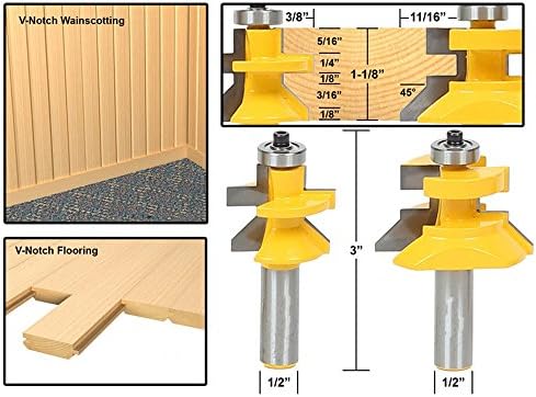 AKUTA 2PCS 1/2" Shank V Groove &amp; Matched Tongue Router Bit Set w/ premium ball bearings Woodworking cutter