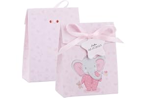 BETESSIN 50pz Scatoline Bomboniere Battesimo Bambina Nascita Portaconfetti con Bigliettini Nastro Scatole Elefante Rosa Carta Regalo Decorazione Confetti per Festa Battesimo Nascita Compleanno