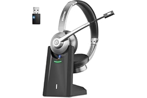 Vonztek Kabelloses Headset, Bluetooth-Headset, Bluetooth-Headset mit Mikrofon, Headset mit Mikrofon, Bluetooth, Dongle & Ladestation für PC, Telefon, Büro, Skype, Zoom, Callcenter, Schwarz