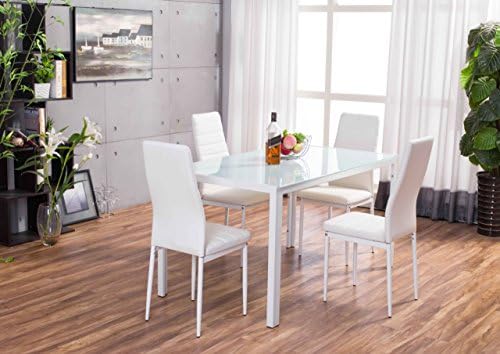 Designer Rectangle Glass Dining Table Set and 4 White Faux Leather Chairs Seats