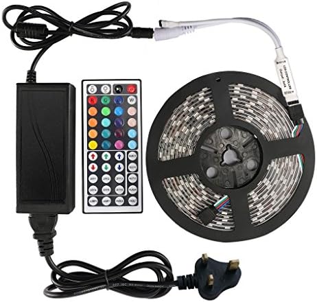 TN Cow LED Strip Lights Kit 16.4ft/5M Flexible Waterproof IP65 3528 RGB 300 LEDs 12v Light Full Kit RGB LED Strips Lighting With 44Key Mini IR Remote and DC 12V 3A Power Adapter Supply for DIY Party Decoration Home Kitchen Cabinet Closet Party KTV Studio Wedding Girls Room Decoration and Indoor Outdoor Use