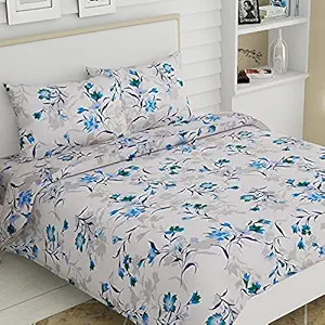 haus & kinder Summer Floral Delight 100% Cotton Double Bedsheet with 2 Pillow Covers 186 TC (Blue)
