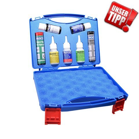 Preisvergleich Produktbild PASCO PROFI Reparatur Koffer komplett bestückt mit PASCO FIX Industrieklebstoff 20 g, PASCO FILL Füllstoff 20 g, PASCO CLEAN Spezialreiniger 20 ml, PASCO AKTIVATOR Beschleuniger 15 ml, PASCO PRIME Primer 15 ml, PASCO REP AQUA Knetkunststoff 60 g und PASCO REP STAHL Knetmetall 60 g. Besser geht`s nicht! Ein Profi Reparatur Koffer für ALLES! Industrieklebstoff Industriekleber Hochleistungs Sekundenkleber (mit Teflonspitze) "DAS ORIGINAL seit 1990"