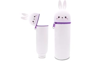MPXEAVG Trousse Ecole 2 en 1 en Silicone Souple, Trousse Silicone Verticale, Panda Pochette de Stylo, Fermeture à Glissière, pour Fournitures Scolaires de Grande Capacité (Lapin Blanc)