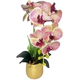 Nettenevime Yapay &Ccedil;i&ccedil;ek Pembe &Ccedil;illi Islak Orkide Gold Metal Saksıda Seramik Saksıda Orkide 60cm