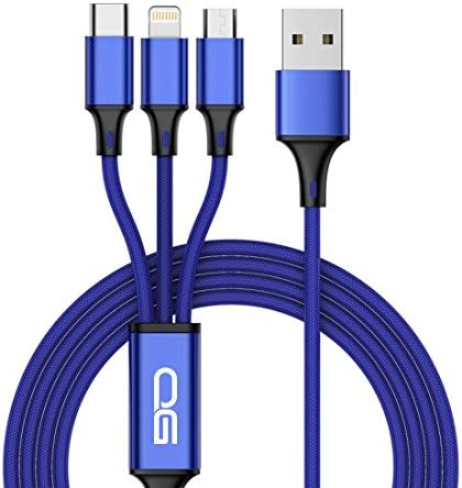 Multi USB Charging Cable ,QGhappy 3.6ft/1.2m Fast Charger Cord 3 in 1 Nylon Braided, USB Type C, Micro USB and Lightning Connectors for ipad iPhone 7/6/5,Samsung Galaxy S8 Plus/S7/S6/S5 Edge,LG Nexus 5X/G5/G6,Huawei P9/P10 Plus/Nexus 6P and More (Blue)