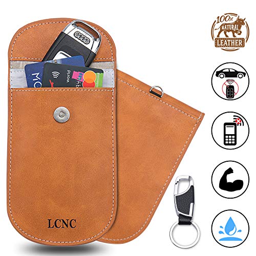 LCNC Car Key Signal Blocker Pouch Case 1 Pack, Genuine Leather Faraday Bag for Anti theft Car Keys Safe Signal Blocking Bag, Keyless Entry RFID Key Fob Security Box Protector Car Accessories