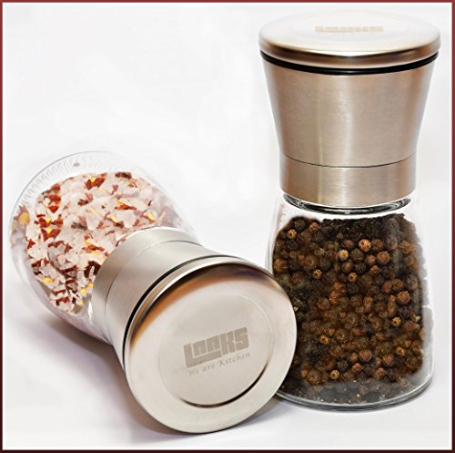 Laaks® Premium Salzmühle / Pfeffermühle im Set. Gewürzmühle aus Edelstahl und echtem Glas in edlem Design mit einstellbarem Keramikmahlwerk für Gewürze, Meersalz, Chili. Kräutermühle Streuer