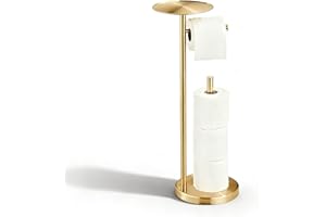 Free-standing Toilet Roll Holder, NEWRAIN Stainless Steel Free Standing Toilet Roll Holder with Anti-Slip Base and Shelf for Phone & Small Items, Brushed Gold Bathroom Tissue Paper Holder with Storage