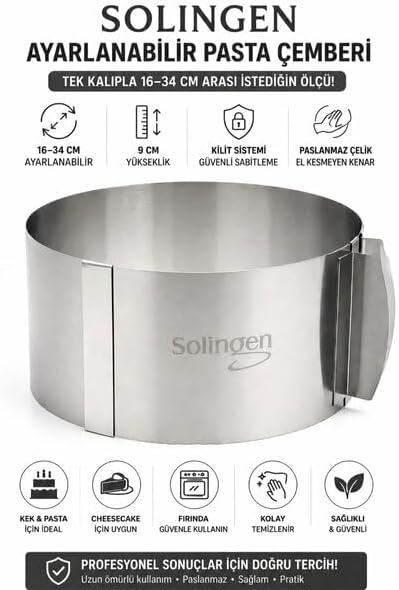 Solingen Ayarlanabilir Pasta Çemberi ve Kek Kalıbı, Paslanmaz Çelik, Kilit Sistemli, 16-34 cm Çap, 9 cm Yükseklik, Fırına Uygun Profesyonel Çember Kalıp
