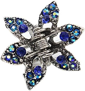 Shengxueer 1pc Metal Small Hair Claw Barrette Crystal Flower Hair Clip Accessories(Antique silver- Navy)