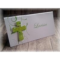 Tischkarte Namenskarte Kommunion Konfirmation Firmung Taufe Kreuz christliche Symbole apfelgrün hellgrün kiwi grün
