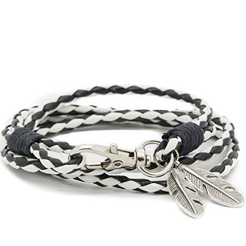 MESE London Pulsera de Cuerda Trenzada en Blanco y Negro con Plumas Vikingas Tribales 'The Flying Soul'