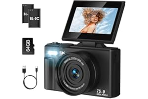 LAMA Digitalkamera 5K 75MP Mini Digitalkameras 3,0 Zoll Fotokamera mit 64G SD-Karte, 180° Flip-Screen 18X Zoom Kompaktkamera Digital Kamera Fotokamera für Anfänger Kinder Teenager (Schwarz)