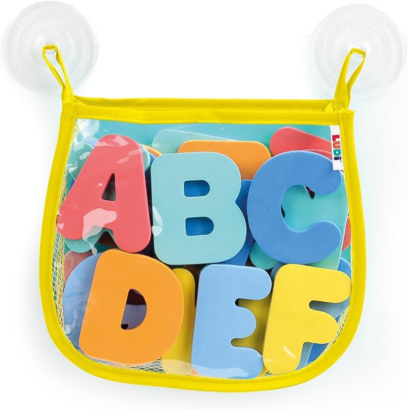 LUDI - Alfabeto de baño - 26 Letras de Espuma EVA - Letras Adhesivas para bañera - Bolsa de Malla con ventosas - a Partir de 10 Meses