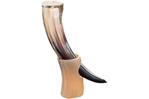 THE ANTIQUE HOUSE Récipient à boire en corne de bœuf style viking antique avec support pour bière, vin, hydromel