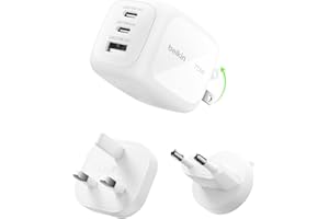 Belkin 3-Port USB-C Plug 70W, Multi-Port GaN Wall Charger with 2x USB-C & 1x USB A Ports, UK and US Plug Tips, Fast Charging for MacBook, iPhone 16, iPad, Samsung Galaxy S25, Google Pixel, etc - White