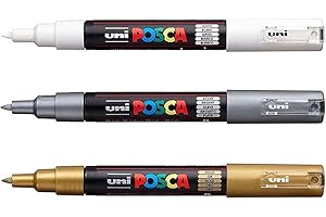 Posca PC-1M Paint Art Marker Pens - Fabric Glass Metal Pen - Set of White + Gold + Silver (1 of each)