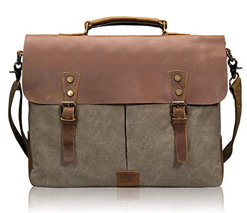 Estarer Vintage Leder Canvas Umhängetasche Laptop Tasche 15,6 Zoll Schultertasche Armee Grün - 7