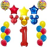 3 piezas cabezas de 40 cm, 3 pcs. 40 cm estrellas, 1 pc número "1" de 72 cm, 2 piezas mylar redondo 40 cm, 12 piezas en latex de 30 cm.