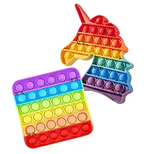 V.E 2 Pcs New Rainbow Push Pop it Bubble Fidget Toy, Pop It Stress Relief and Anti-Anxiety Tools Sensory, Silicon Satisfying Relaxing Toys & Great Gift for Kids Girls Boys Teens and Adults.(Squ+Unicn)