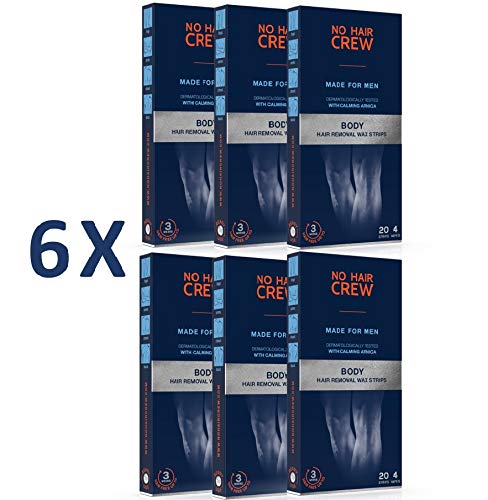 6 x NO HAIR CREW Bandes De Cire Depilatoire Corps - Bandes De Cire Haute Performance Pour Hommes, 20 Bandes et 4 Lingettes Apaisantes (Lot de 6)