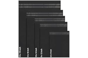 RED EMBER 50 bolsas de correo mixtas de poliéster autoselladas, 5 tamaños, 10 de cada ascua roja, bolsas de correo pequeñas a grandes, sobres de embalaje postal (negro)